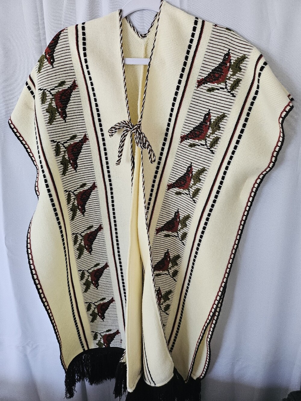 Womens Sweater Shawl Wrap Red Bird Striped Fringed Open Front One Size